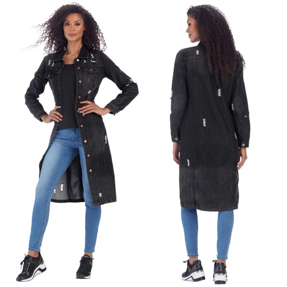 K. Jordan Women’s Cotton Long Destructed Jean Jacket Dress in Black Wash M - Picture 2 of 13